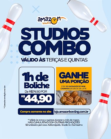 STUDIO 5 - COMBO DE MARÇO: Compre 01 Hora de Boliche com desconto e GANHE 01 Porção de Mini Churros (10un) de R$87,80 por apenas R$49,90 *Consulte as regras na descrição*