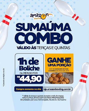 SUMAÚMA - COMBO DE MARÇO: Compre 01 Hora de Boliche com desconto e GANHE 01 Porção de Mini Churros (10un) de R$87,80 por apenas R$49,90 *Consulte as regras na descrição*
