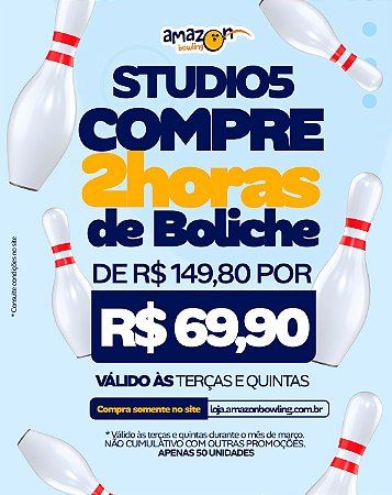 STUDIO 5 - MARÇO: Compre 02 horas de Boliche DE R$149,80 POR APENAS R$69,90 *Consulte as regras na descrição*