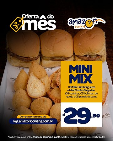 ESPECIAL MARÇO - 03 Mini Hambúrgueres e Mini Combo Salgados (05 coxinhas, 05 bolinhas de queijo e 05 pastéis de carne) *Consulte as regras do cupom na descrição*.