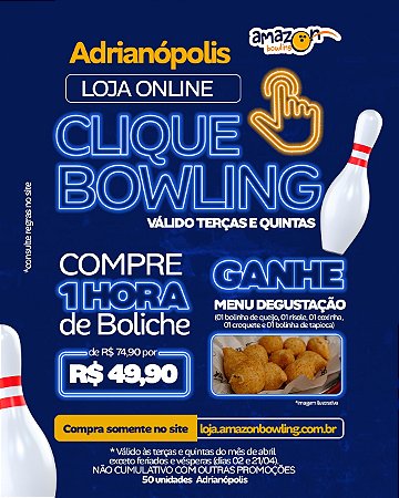 ADRIANÓPOLIS - CLIQUE BOWLING ABRIL: Compre 01 Hora de Boliche com desconto e GANHE 01 Menu Degustação de R$74,90 por apenas R$49,90 *Consulte as regras na descrição*