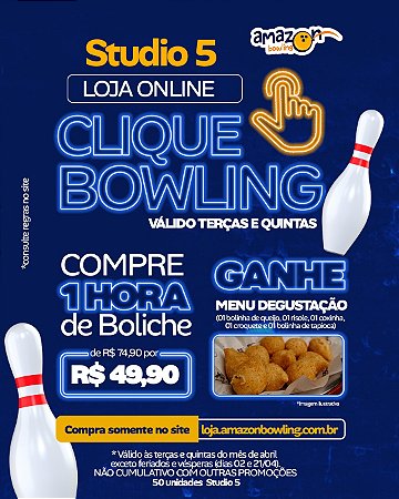 STUDIO 5 - CLIQUE BOWLING ABRIL: Compre 01 Hora de Boliche com desconto e GANHE 01 Menu Degustação de R$74,90 por apenas R$49,90 *Consulte as regras na descrição*