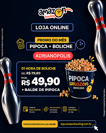 ADRIANÓPOLIS - Compre 01 hora de boliche e ganhe 01 balde de pipoca de R$79,80 por R$49,90 *Consulte as regras na descrição*