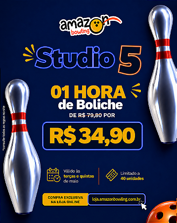 STUDIO 5 - MAIO: Compre 01 hora de boliche DE R$79,80 POR APENAS R$34,90 *Consulte as regras na descrição*