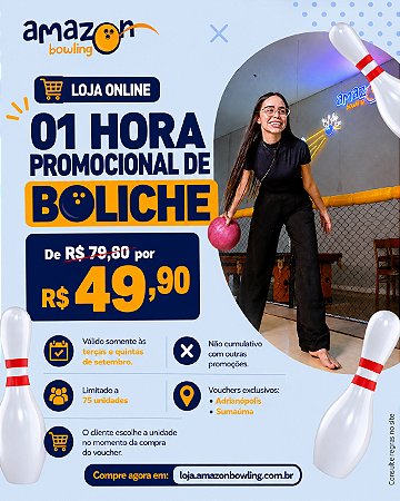 SUMAÚMA - CLIQUE BOWLING SETEMBRO l TERÇAS E QUINTAS: Compre 01 Hora de Boliche com desconto e por apenas R$49,90 *Consulte as regras na descrição*