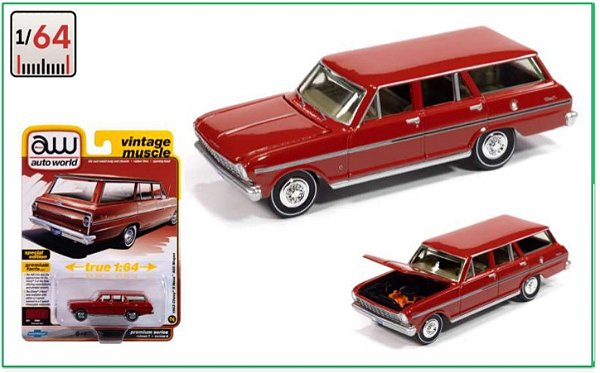 Chevy Nova II - Wagon - AW Auto World - Escala 1/64 - Metal, abre capô e pneus de borracha