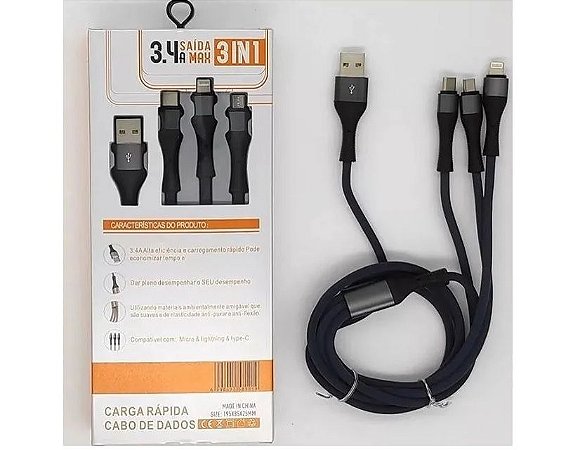 Cabo(g)usb 3x1 1m Iphone/v8/tipo C Pt