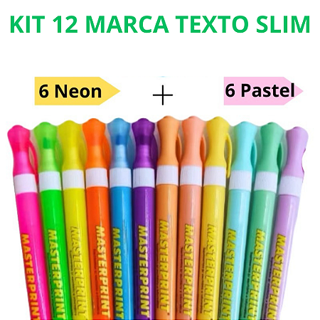 KIT 12 CANETA MARCA TEXTO SLIM (6 NEON + 6 PASTEL) MASTERPRINT