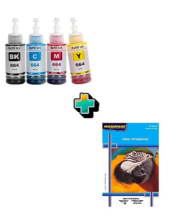 KIT TINTA COMPATIVEL T664 C/ 4 CORES + 50 FOLHAS PAPEL FOTOGRAFICO 180G A4