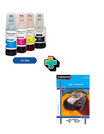 KIT TINTA COMPATIVEL T504 C/ 4 CORES + 50 FOLHAS PAPEL FOTOGRAFICO 180G A4