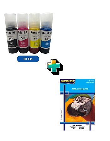 KIT TINTA COMPATIVEL T544 C/ 4 CORES + 50 FOLHAS PAPEL FOTOGRAFICO 180G A4