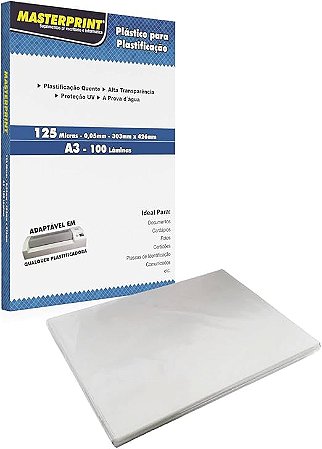 POLASIL PLASTICO PARA PLASTIFICACAO A3 C/ 100 UND | 125 micras | 0,05 mm | 303mmx426mm | MASTERPRINT