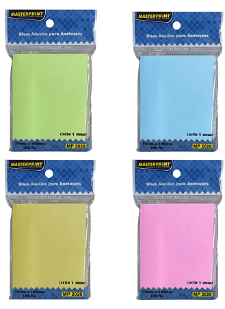 BLOCO ADESIVO KIT COM 4 CORES 76mmX102mm | 1X100FL (amarelo, azul, rosa, verde) MP2020,1,2,3
