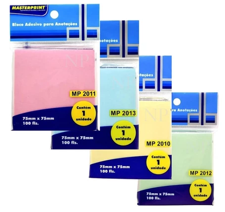 BLOCO ADESIVO KIT COM 4 CORES 75mmX75mm | 1X100FL (amarelo, azul, rosa, verde) MP2010,1,2,3