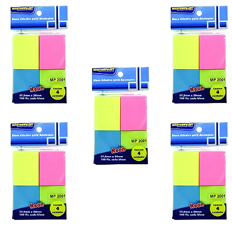 BLOCO ADESIVO KIT COM 5 UNID. C/ 4 CORES MP2001 | 100 FLS | 37,5mmX50mm NEON