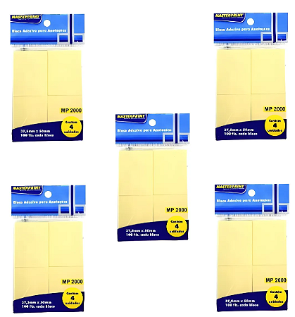 BLOCO ADESIVO KIT COM 5 UNID. MP2000 | C/ 4 UNI. DE 100 FLS | 37,5mmX50mm