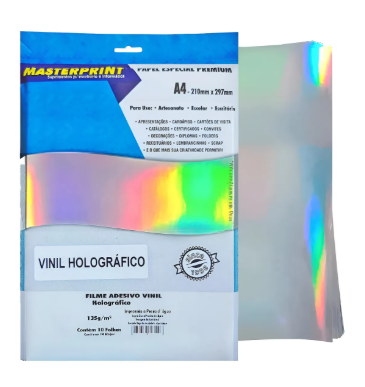 FILME ADESIVO VINIL A4 HOLOGRAFICO LISO PRATA GLOSSY 135g/m²