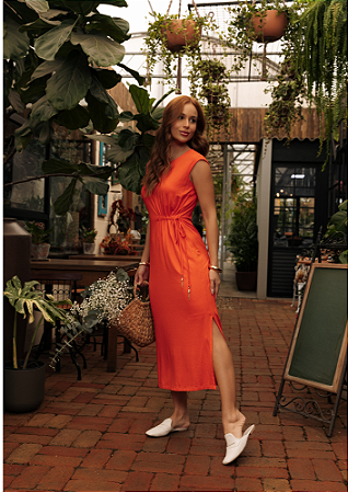 Vestido Feminino Midi Laranja Ombro Caido-Tunel - Via Sampa
