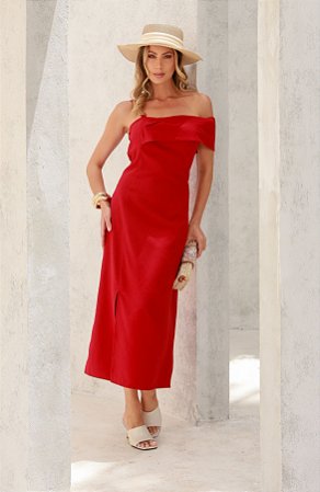 Vestido Midi Vermelho com Alça em Metal - Via Sampa