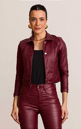 Jaqueta Cropped Feminina Resinada Marrom, Preta e Vinho - Divero Jeans