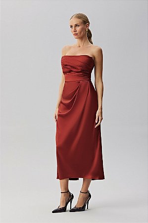 Vestido Feminino Midi Cetim Decote com Pregas - Meia Loka
