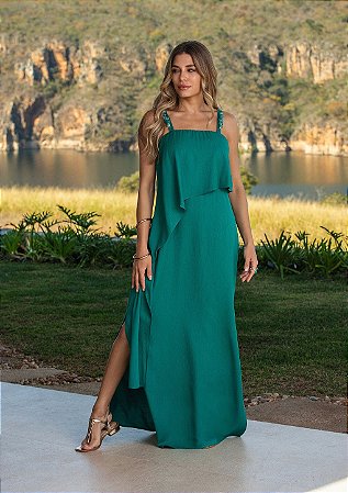 Vestido Longo Verde com Sobreposição - Via Sampa