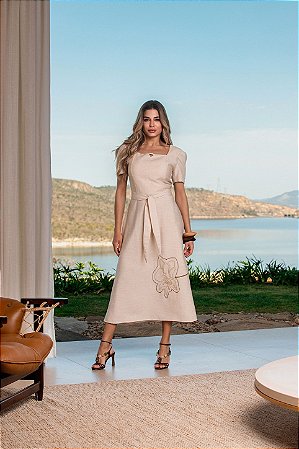Vestido Feminino Midi Linho com Manga Curta - Via Sampa