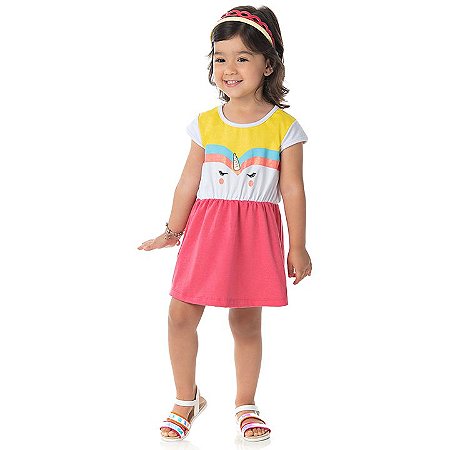 Vestido cotton cor branco e amora estampa unicórnio com aplique