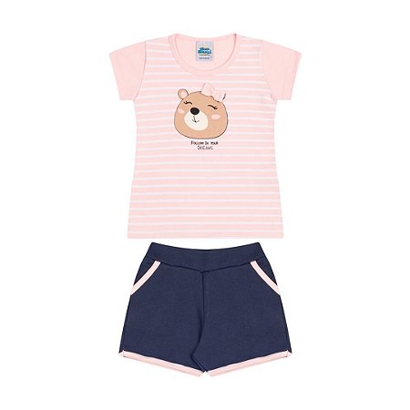 Conjunto cotton  moletinho cor rosa bebê e marinho estampa e laço