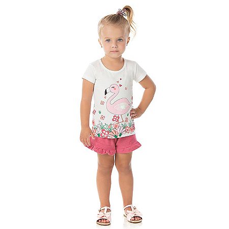 Conjunto cores cru e coral estampa de flamingo com aplique