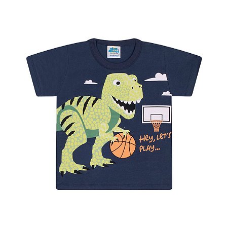 Camisa em meia malha cor marinho com puff na estampa dino