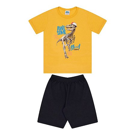 Conjunto em meia malha e moletinho cor amarelo pastel e preto