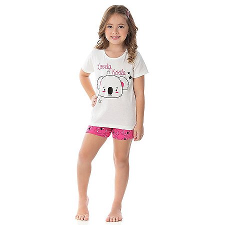 Pijama feminino meia malha que brilha escuro cor cru e chiclete