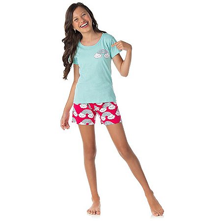 Pijama feminino meia malha brilha escuro cor verde água e pink