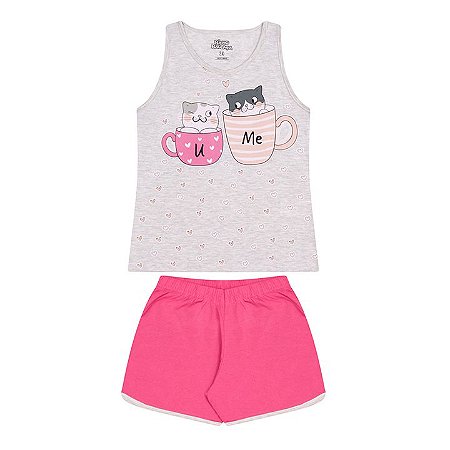 Pijama feminino meia malha brilha escuro mescla banana e chiclete