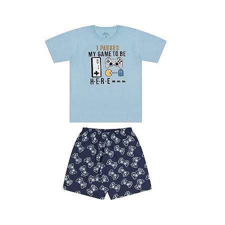 Pijama masculino meia malha brilha escuro cor azul bebê e marinho