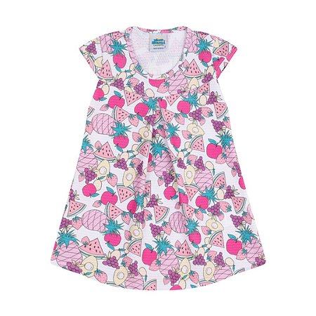 Vestido em crepe bolinha cor uva com estampa de frutas