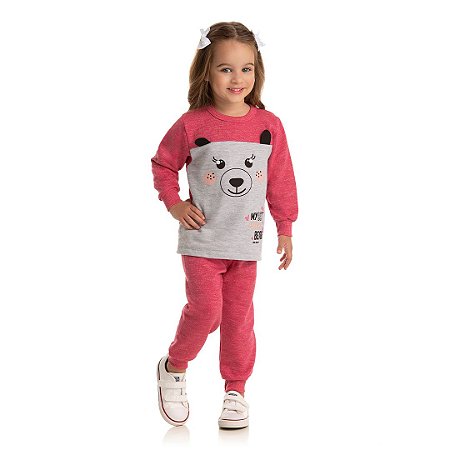 Conjunto feminino em moletom moulinê com aplique na estampa de urso