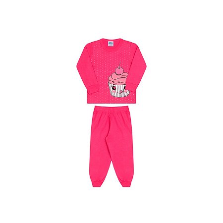 Pijama menina pink, estampa cupcake que brilha escuro