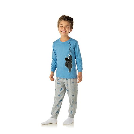 Pijama cor azul pavão, estampa de dinossauro que brilha no escuro