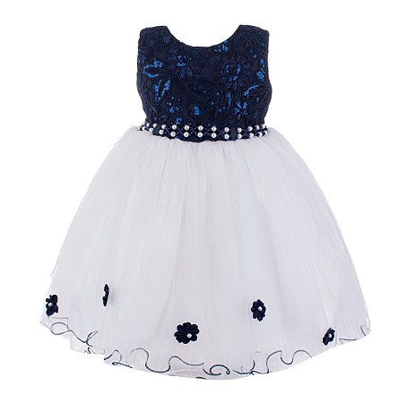 vestido infantil azul marinho e branco