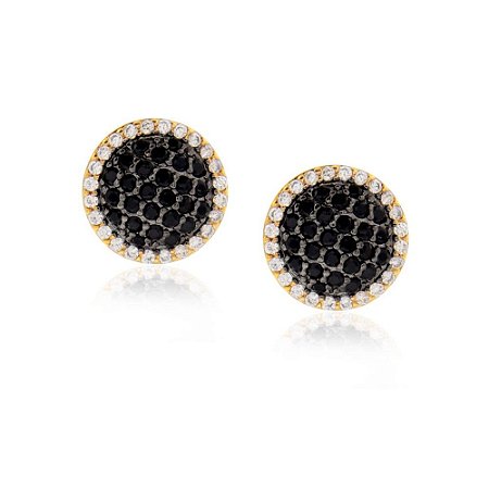 Brinco redondo cor de banho de ouro 18k com micro zircônia cristal e negra