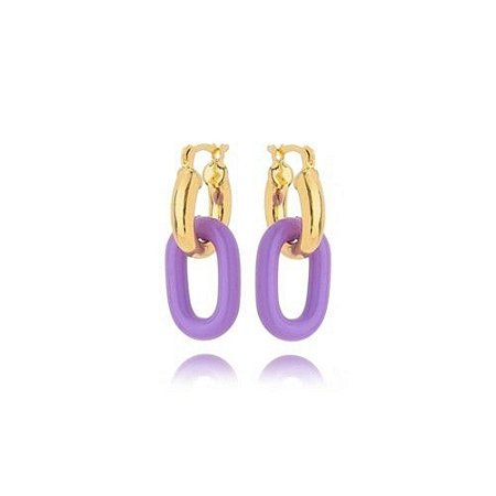 Brinco em cor de banho de ouro 18k argola pingente esmaltado lilás