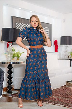 Vestido jeans cheap longo bordado