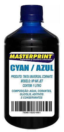 TINTA HP CORANTE UNIVERSAL MASTERPRINT 1 LITRO AZUL CYAN PARA BULK INK