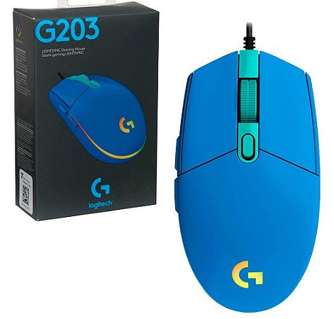 MOUSE GAMER LOGITECH G203 AZUL LIGHTSYNC RGB 6 BOTÕES 8.000 DPI MACROS