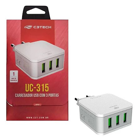 CARREGADOR UNIVERSAL COM 3 USB C3TECH UC-315WH 3.1A BIVOLT