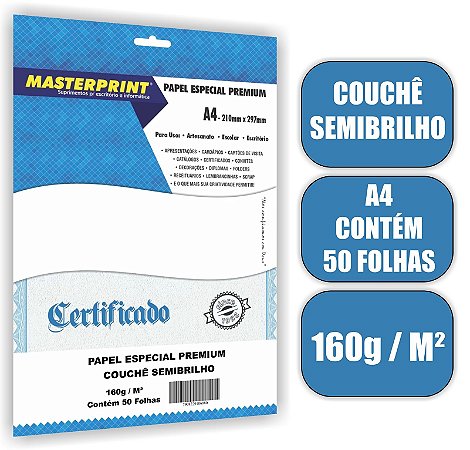 PAPEL BRANCO COUCHÊ SEMIBRILHO MASTERPRINT A4 50 FOLHAS 160G