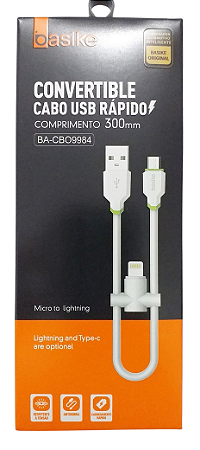 CABO MICRO USB COM ADAPTADOR PARA LIGHTNING BASIKE BA-CBO9984 30 CM 2.4A