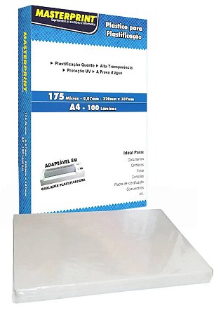 PLASTICO PARA PLASTIFICAÇÃO POLASEAL A4 175 MICRAS 100 UNIDADES MASTERPRINT